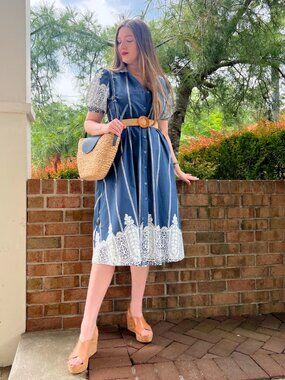 Midnight Blue Novelty Border Print Button Front Belted Dress